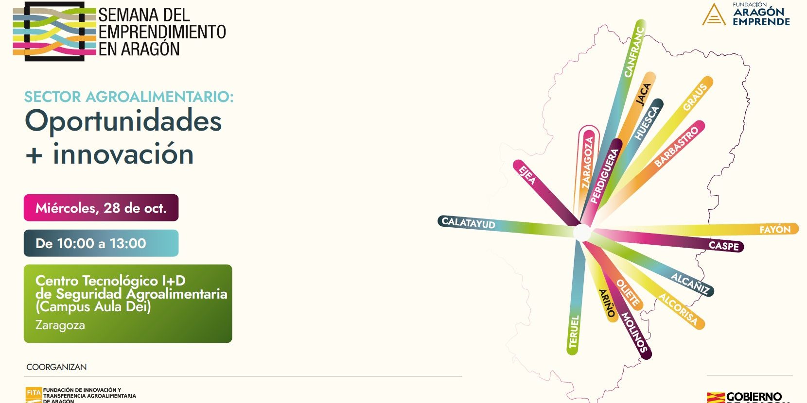 Cartel de la jornada Sector agroalimentario: oportunidades + innovación, el miércoles 28 de octubre de 10:00 a 13:00 en el Campus Aula Dei de Zaragoza