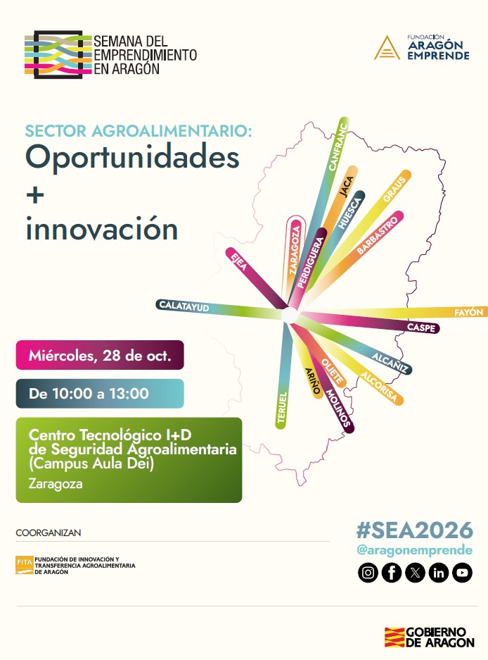 Cartel de la jornada Sector agroalimentario: oportunidades + innovación, Semana del Emprendimiento en Aragón